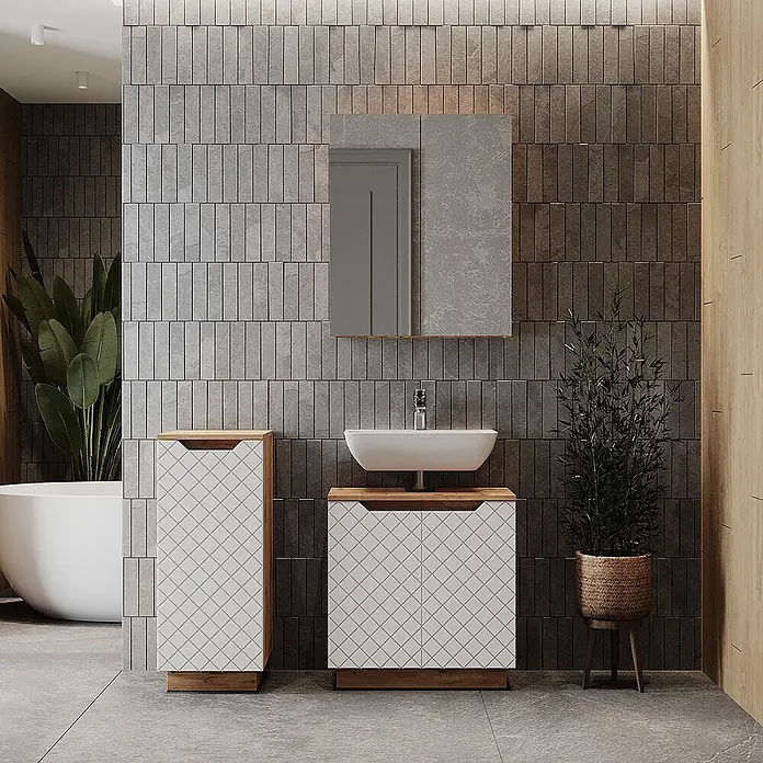 Vicco Badmöbel-Set Lotta Weiß 3 Teile - Weiß, Matt - Weißer Badwaschtisch und Hochschrank mit Rautenmuster und Holzdetails in einem modernen Badezimmer.