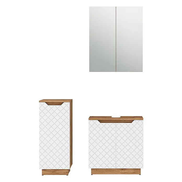 Vicco Badmöbel-Set Lotta Weiß 3 Teile - Weiß, Matt - Badmöbel-Set: Spiegelschrank, Hochschrank und Waschtischunterschrank in Eiche-Optik mit weißen Fronten und Rautenmuster.