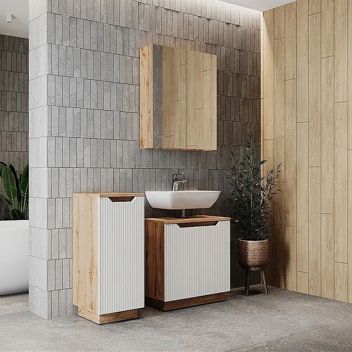 Vicco Badmöbel-Set Lotta Weiß 3 Teile - Weiß, Matt - Helles Holz Badmöbel-Set mit weißen Lamellenfronten, Waschbecken und passendem Spiegelschrank im modernen Bad.