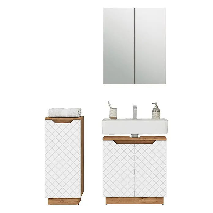 Vicco Badmöbel-Set Lotta Weiß 3 Teile - Weiß, Matt - Weiß-Holz-Badezimmerset mit geometrischem Muster: Waschtisch, Hochschrank, Spiegelschrank und Badaccessoires.
