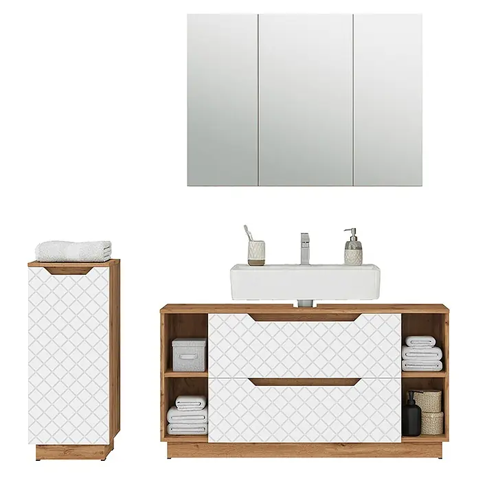 Vicco Badmöbel-Set Lotta Weiß 3 Teile - Weiß, Matt - Modernes Badmöbel-Set mit Holzoptik-Basis, weißen gemusterten Schubladenfronten, passendem Hochschrank und dreifachem Spiegelschrank.