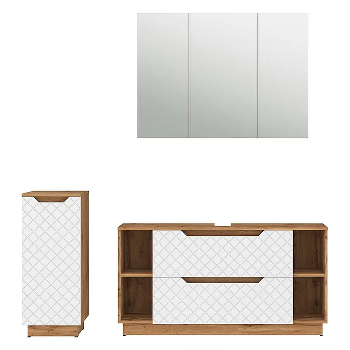Vicco Badmöbel-Set Lotta Weiß 3 Teile - Weiß, Matt - Badezimmerset aus hellem Holz mit weißen, rautenförmig gemusterten Fronten: Spiegelschrank, Hochschrank und Waschtischunterschrank mit Schubladen und Regalen.