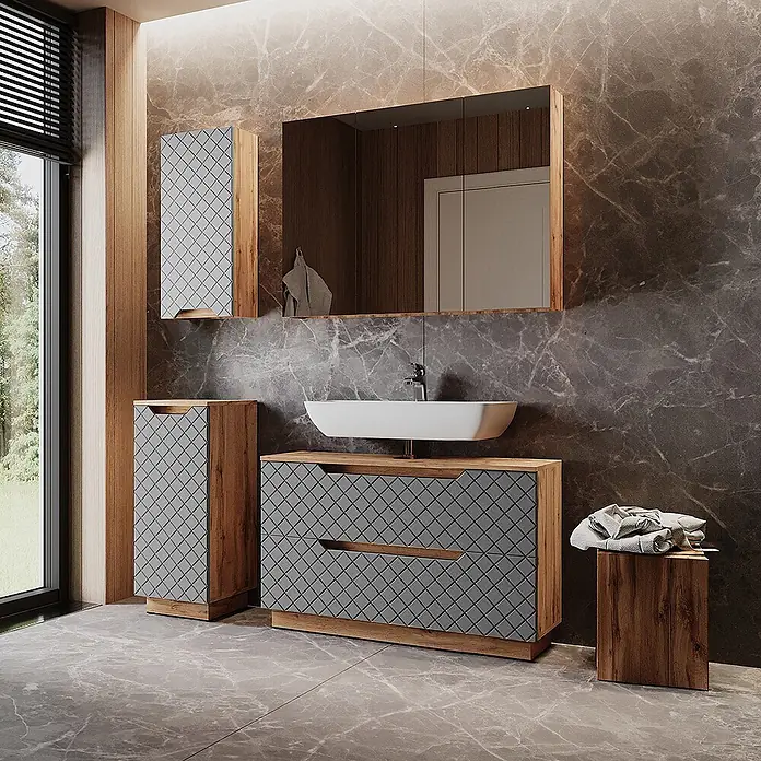 Vicco Badmöbel-Set Lotta Grau 4 Teile - Grau, Matt - Modernes Badezimmermöbel-Set mit Holzoptik-Rahmen und grauen Rautenmuster-Fronten, bestehend aus Waschtisch, Hochschrank und Beistellschrank.
