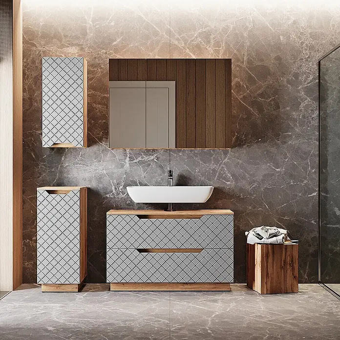 Vicco Badmöbel-Set Lotta Grau 4 Teile - Grau, Matt - Modernes Badmöbel-Set mit grauen Rautenmuster-Fronten, Holz-Akzenten und weißem Waschbecken, in Marmorbad präsentiert.