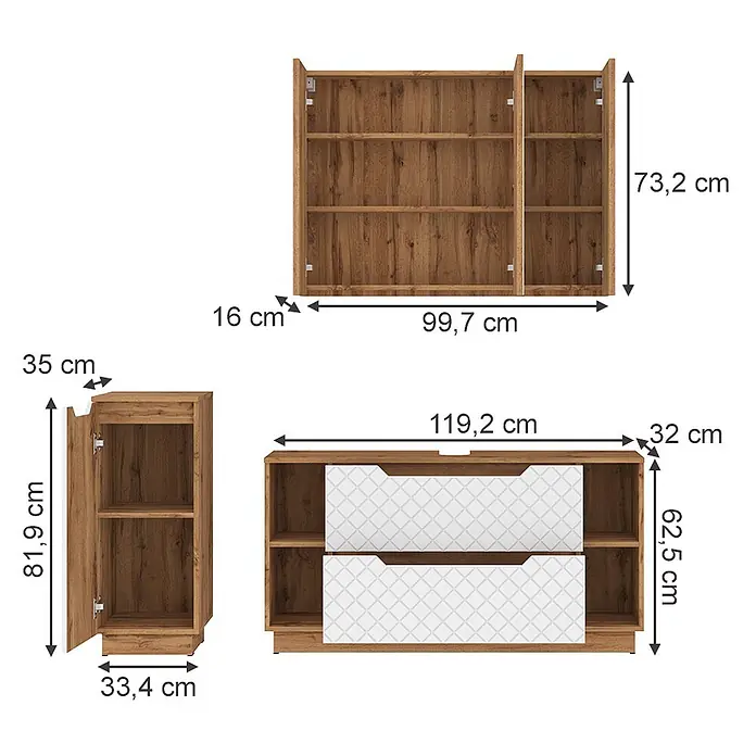 Vicco Badmöbel-Set Lotta Weiß 3 Teile - Weiß, Matt - Hölzerne Möbelstücke: Wandschrank, kleiner Schrank und eine Schubladeneinheit, alle mit Maßen.