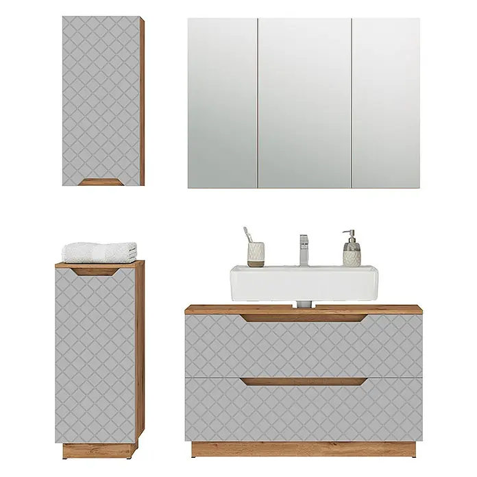 Vicco Badmöbel-Set Lotta Grau 4 Teile - Grau, Matt - Hellgraues Badmöbel-Set mit geometrischem Muster und Holzdetails, bestehend aus Waschtischunterschrank, Spiegelschrank und Schränken.