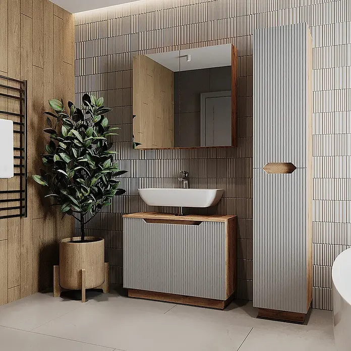 Vicco Badmöbel-Set Lotta Grau 3 Teile - Grau, Matt - Modernes Bad mit hellgrauem geripptem Waschtisch und hohem Schrank mit Holzdetails. Weißes Waschbecken.