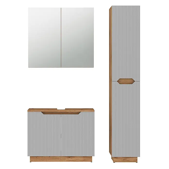 Vicco Badmöbel-Set Lotta Grau 3 Teile - Grau, Matt - Badezimmermöbel-Set: Spiegelschrank, Waschtisch und Hochschrank mit hellgrauen geriffelten Fronten und hellbraunen Holzdetails.