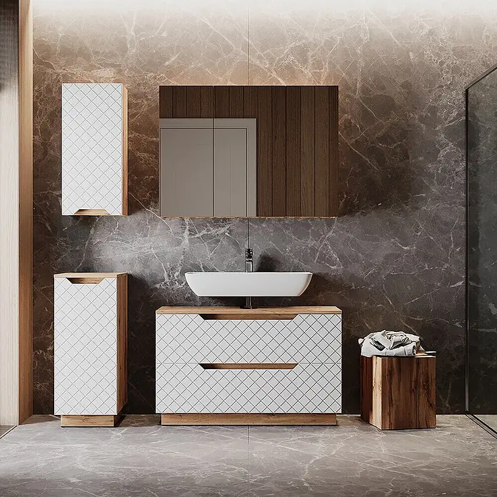 Vicco Badmöbel-Set Lotta Weiß 4 Teile - Weiß, Matt - Modernes Badmöbel-Set mit weißen Rautenmusterschränken, Holzdetails, einem Aufsatzwaschbecken und Spiegel in einem zeitgemäßen Bad.