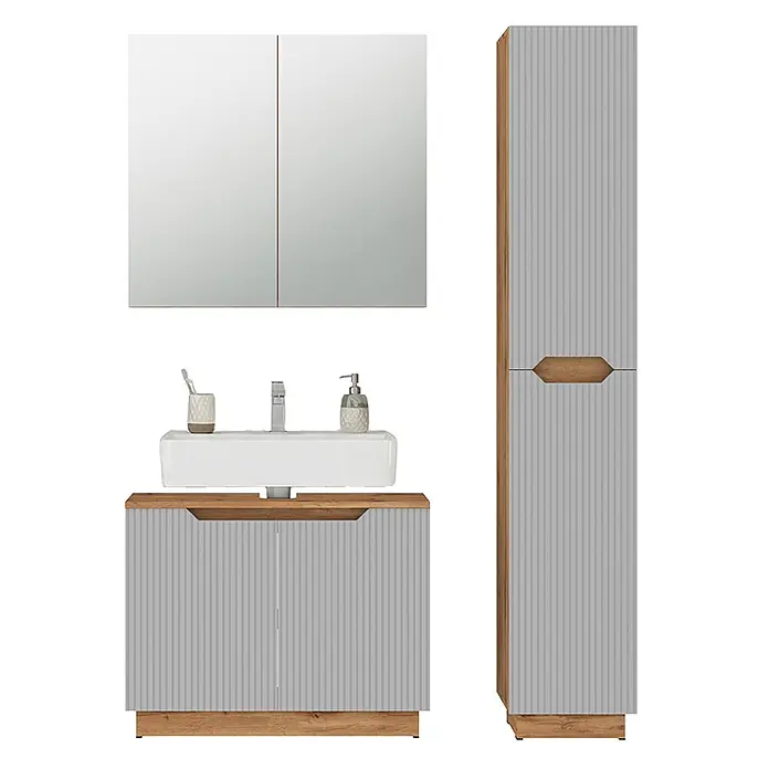 Vicco Badmöbel-Set Lotta Grau 3 Teile - Grau, Matt - Badezimmermöbel-Set mit hellgrauen gerillten Platten und Holzdetails: Spiegelschrank, Waschtisch mit weißem Waschbecken und Hochschrank.