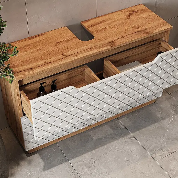 Vicco Badmöbel-Set Lotta Weiß 4 Teile - Weiß, Matt - Waschtischunterschrank aus Holz mit weißen, strukturierten Schubladenfronten, eine offen mit Stauraum.