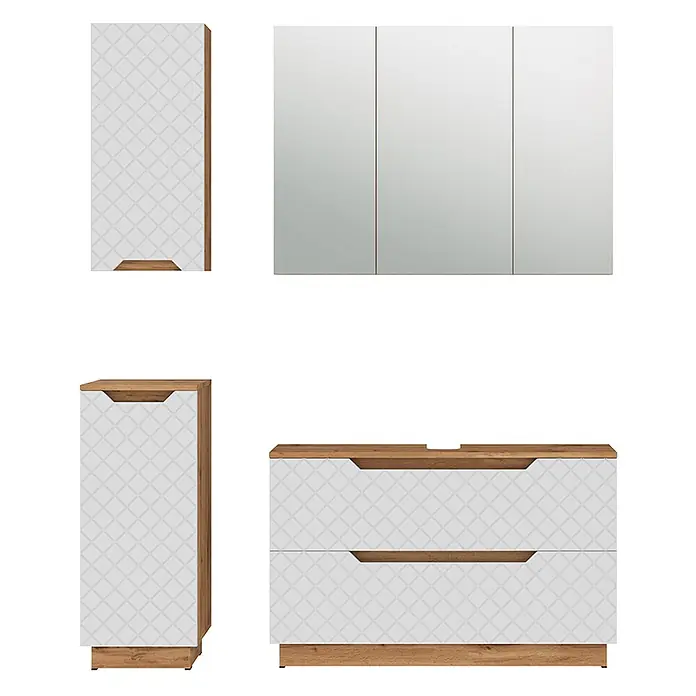 Vicco Badmöbel-Set Lotta Weiß 4 Teile - Weiß, Matt - Weiß gemusterte Badmöbelgarnitur: Spiegelschrank, Hochschrank, Seitenschrank und Doppelwaschtischunterschrank mit Holzoptik-Akzenten.