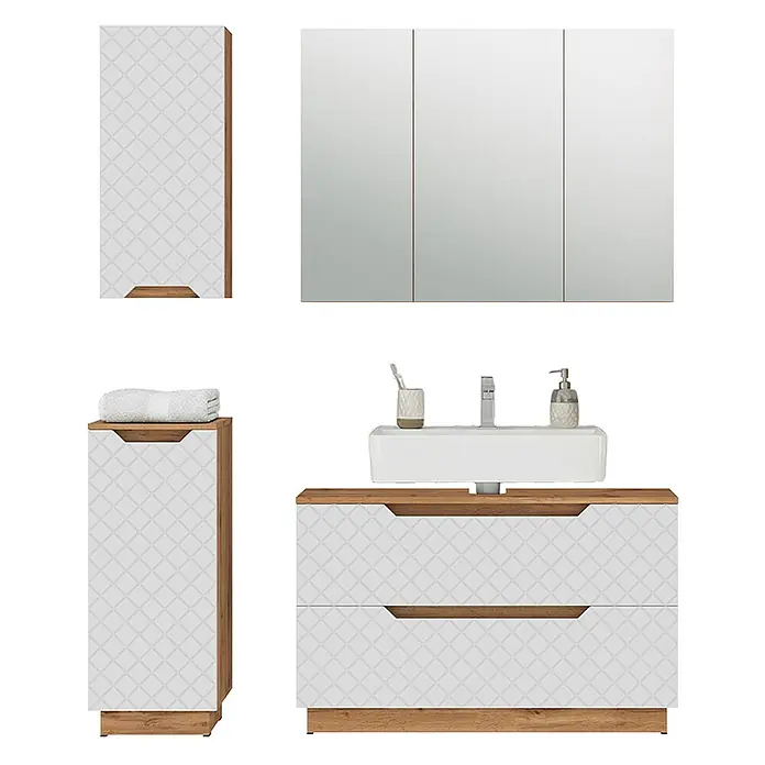 Vicco Badmöbel-Set Lotta Weiß 4 Teile - Weiß, Matt - Modernes weiß-holzfarbenes Badezimmermöbelset mit gemusterten Fronten, bestehend aus Wandschrank, Spiegelschrank, Hochschrank und Waschtisch.