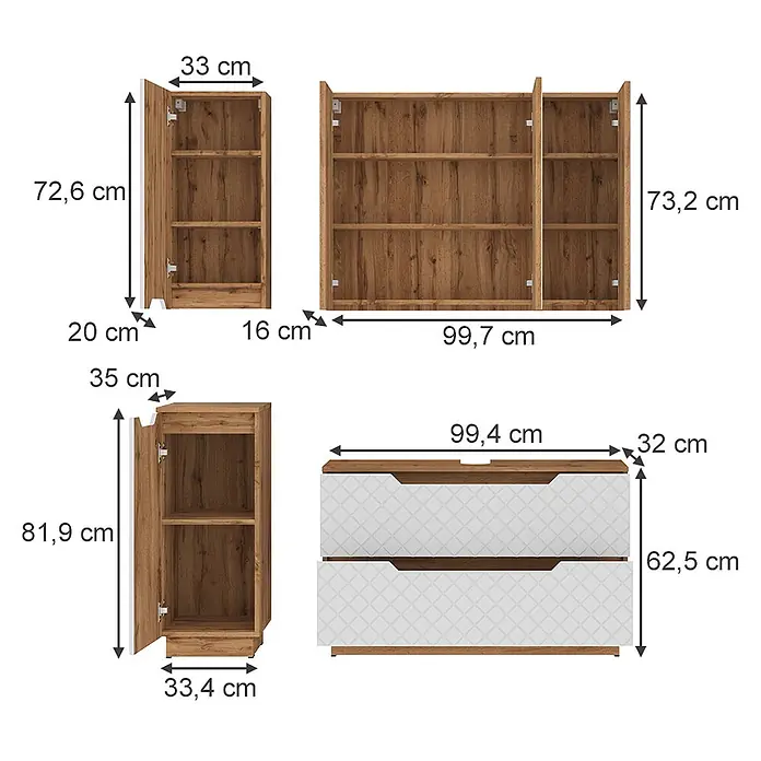 Vicco Badmöbel-Set Lotta Weiß 4 Teile - Weiß, Matt - Holzschränke und Schubladen mit weißen Fronten, mit Maßen dargestellt.