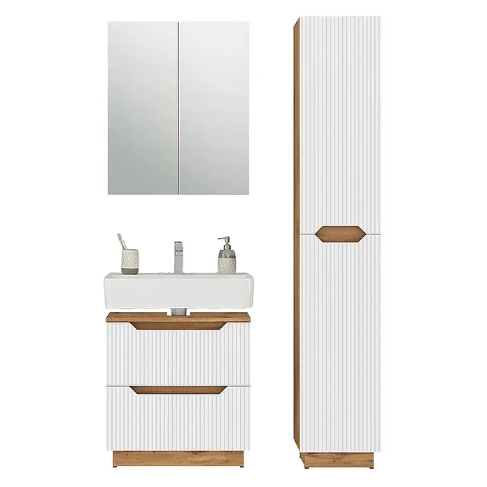 Vicco Badmöbel-Set Lotta Weiß 3 Teile - Weiß, Matt - Modernes Badmöbelset: weiß gerippter Waschtisch mit Waschbecken & Spiegelschrank, Hochschrank mit Holzdetails.