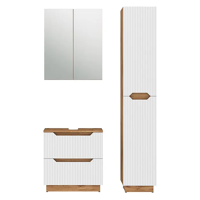 Vicco Badmöbel-Set Lotta Weiß 3 Teile - Weiß, Matt - Weiß gerilltes Badmöbelset mit Holzdekor: Spiegelschrank, Waschtischunterschrank, Hochschrank.