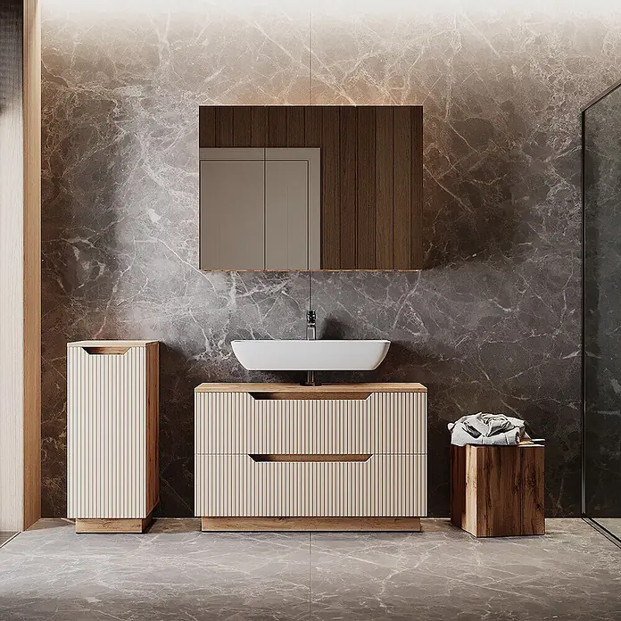 Vicco Badmöbel-Set Lotta Cashmere 3 Teile - Cashmere, Matt - Moderne Badezimmermöbel aus hellem Holz mit geriffelten Fronten und passendem Hochschrank, inklusive weißem Aufsatzwaschbecken.