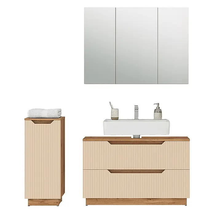 Vicco Badmöbel-Set Lotta Cashmere 3 Teile - Cashmere, Matt - Badezimmermöbel-Set mit Spiegelschrank, Waschtisch mit Waschbecken und Hochschrank, hellholzfarben mit gerippten beigen Fronten.