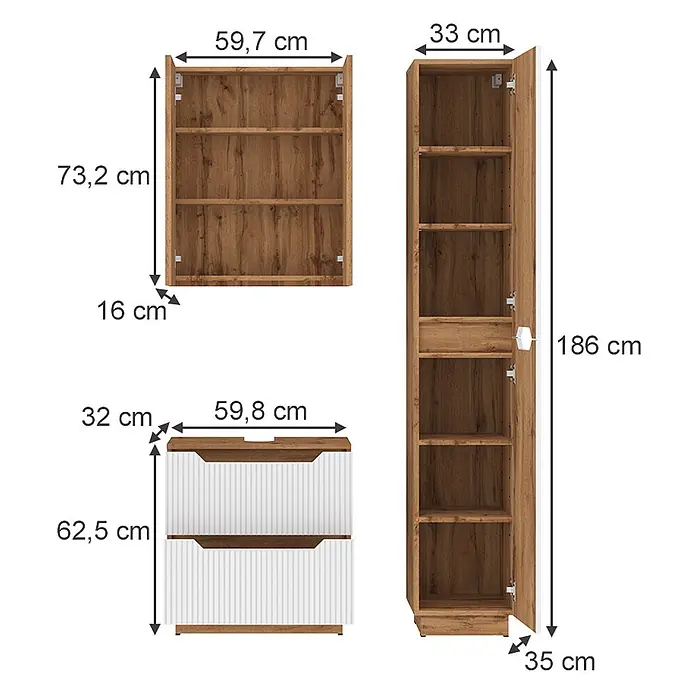Vicco Badmöbel-Set Lotta Weiß 3 Teile - Weiß, Matt - Set aus drei Holzoptik-Möbelstücken: ein Wandregal, ein hoher Schrank und ein Nachttisch mit weißen geriffelten Schubladen, alle mit sichtbaren Maßen.