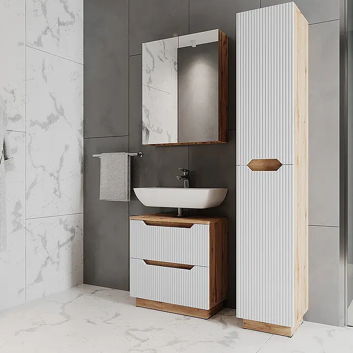 Vicco Badmöbel-Set Lotta Weiß 3 Teile - Weiß, Matt - Modernes Badmöbelset mit weiß geriffelten Fronten, heller Holzoptik, integriertem Waschbecken, passendem Spiegelschrank und Hochschrank.
