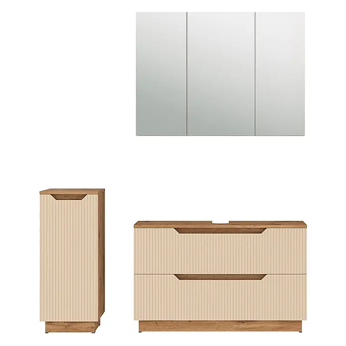 Vicco Badmöbel-Set Lotta Cashmere 3 Teile - Cashmere, Matt - Dreiteiliges Badmöbelset: Spiegelschrank, Hochschrank und Waschtischunterschrank mit zwei Schubladen, hellbeigen Rippenfronten und Holzoptikakzenten.