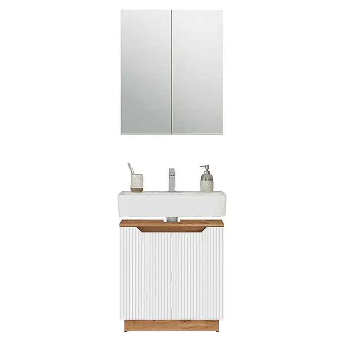 Vicco Badmöbel-Set Lotta Weiß 2 Teile - Weiß, Matt - Weißes Badmöbel-Set mit Holzakzenten, rechteckigem Waschbecken und Spiegelschrank mit Doppeltür.
