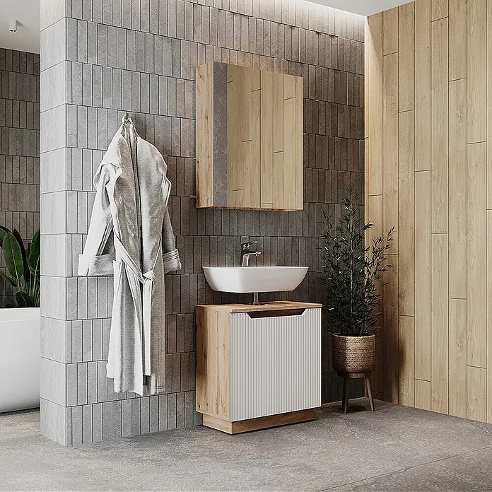 Vicco Badmöbel-Set Lotta Weiß 2 Teile - Weiß, Matt - Moderner Badunterschrank aus hellem Holz mit weißer Lamellenfront und weißem Aufsatzwaschbecken im Badezimmer.