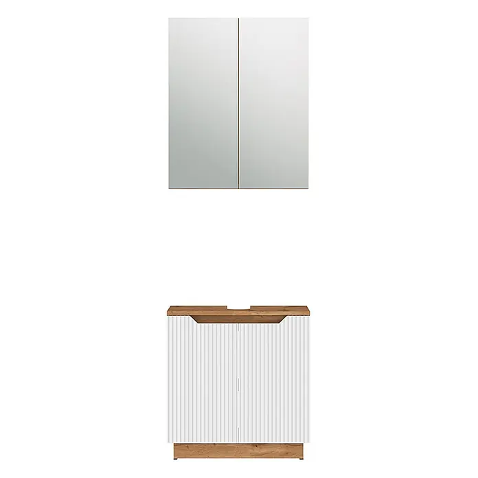 Vicco Badmöbel-Set Lotta Weiß 2 Teile - Weiß, Matt - Zweiteiliges Badmöbelset: weißer, geriffelter Waschtischunterschrank mit Holzplatte und -sockel, und Spiegelschrank mit zwei Türen.