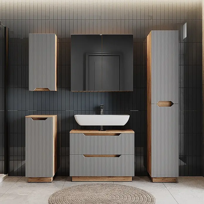 Vicco Badmöbel-Set Lotta Grau 3 Teile - Grau, Matt - Moderne Badmöbelgarnitur mit gerippten grauen Paneelen und Naturholzdetails, bestehend aus Waschtisch, Waschbecken und Schränken.