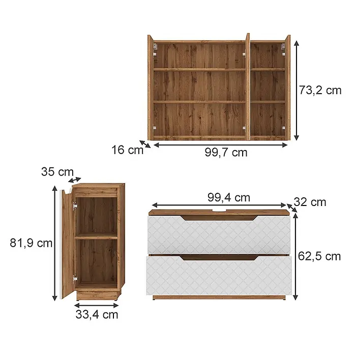Vicco Badmöbel-Set Lotta Weiß 3 Teile - Weiß, Matt - Modulares Möbelset mit einer Holzoptik-Regaleinheit, einem Hochschrank und einer Kommode mit weißen, gemusterten Fronten.