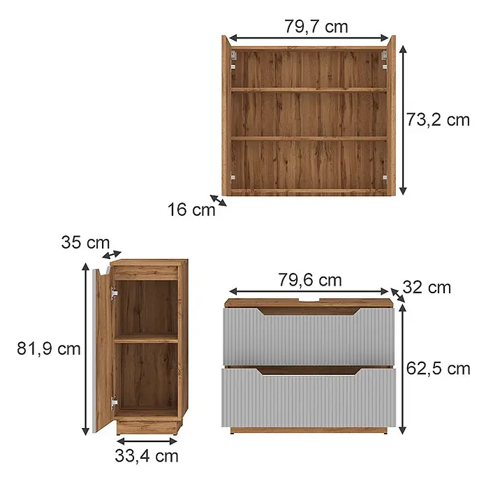 Vicco Badmöbel-Set Lotta Grau 3 Teile - Grau, Matt - Set aus drei modernen Bad- oder Aufbewahrungsschränken in Holzoptik und Weiß mit Regalen und Schubladen, Maße angezeigt.