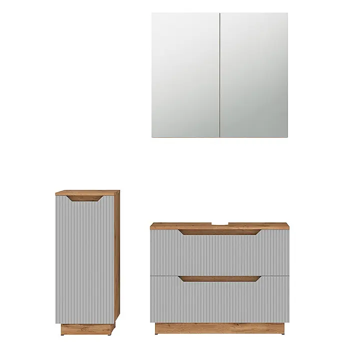 Vicco Badmöbel-Set Lotta Grau 3 Teile - Grau, Matt - Badmöbel-Set in Hellgrau geriffelt mit hellen Holzdetails: ein Spiegelschrank, ein Hochschrank und ein Waschtischunterschrank mit zwei Schubladen.