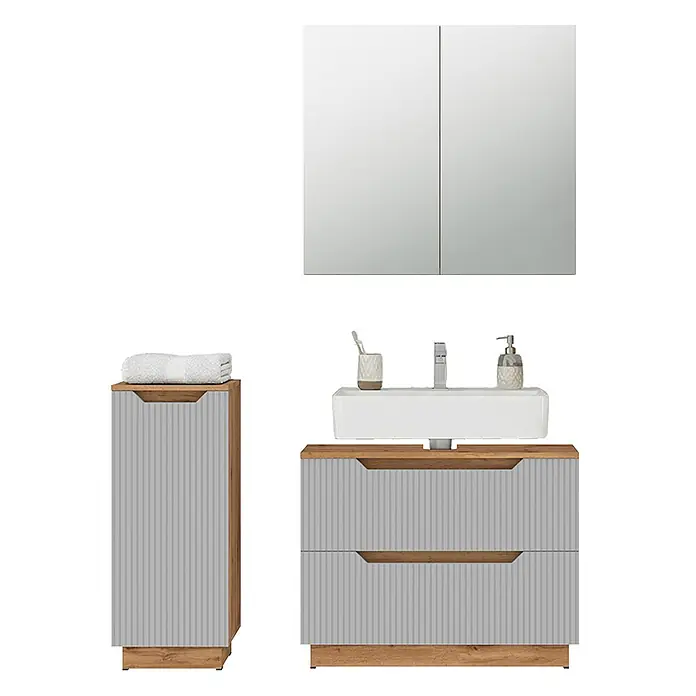 Vicco Badmöbel-Set Lotta Grau 3 Teile - Grau, Matt - Badezimmermöbel-Set mit Spiegelschrank, Waschtischunterschrank und Hochschrank. Helles Holz und hellgraue geriffelte Oberflächen.