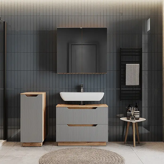Vicco Badmöbel-Set Lotta Grau 3 Teile - Grau, Matt - Modernes Badmöbelset mit Waschtischunterschrank und Hochschrank in Naturholz und grauen Lamellenfronten.