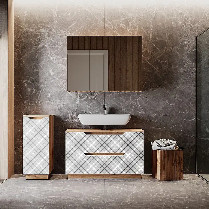 Vicco Badmöbel-Set Lotta Weiß 3 Teile - Weiß, Matt - Modernes Badmöbel-Set mit weißen Rautenmusterschränken, Holzdetails, Aufsatzwaschbecken, Hochschrank und Holzschemel.