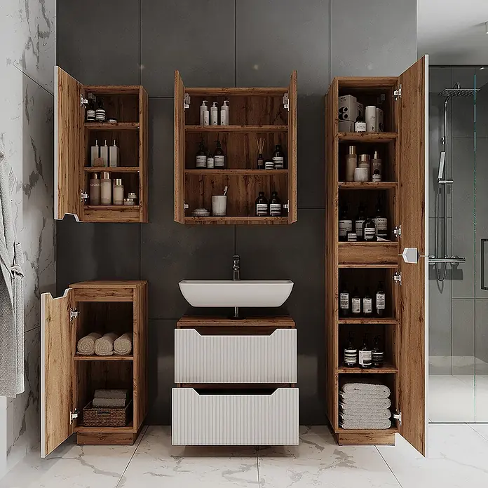Vicco Badmöbel-Set Lotta Weiß 2 Teile - Weiß, Matt - Badezimmermöbel-Set in Holzoptik mit weißem Waschbecken, gerippten Schubladen, Wand- und freistehenden Schränken.