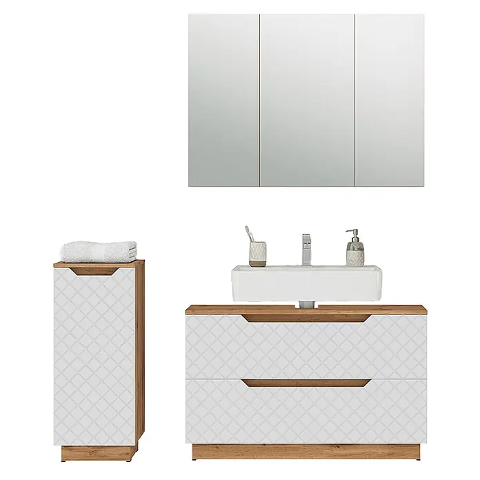 Vicco Badmöbel-Set Lotta Weiß 3 Teile - Weiß, Matt - Badezimmermöbel-Set: Spiegelschrank, weißer Waschtisch mit geometrischem Muster und Holzdetails, passender Hochschrank.
