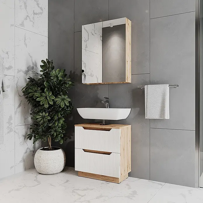 Vicco Badmöbel-Set Lotta Weiß 2 Teile - Weiß, Matt - Modernes Badmöbel-Set: Holzoptik-Waschtisch mit weißer Spüle, darunter Schrank mit weißen Lamellenfronten, passender Spiegelschrank.
