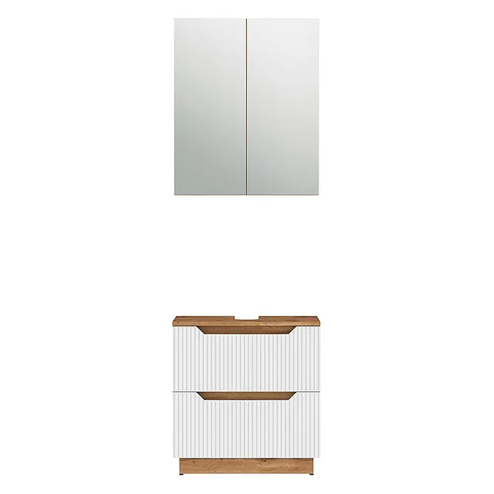 Vicco Badmöbel-Set Lotta Weiß 2 Teile - Weiß, Matt - Spiegelbadezimmerschrank und passender weiß geriffelter Waschtischunterschrank mit zwei Schubladen und Holzdetails.