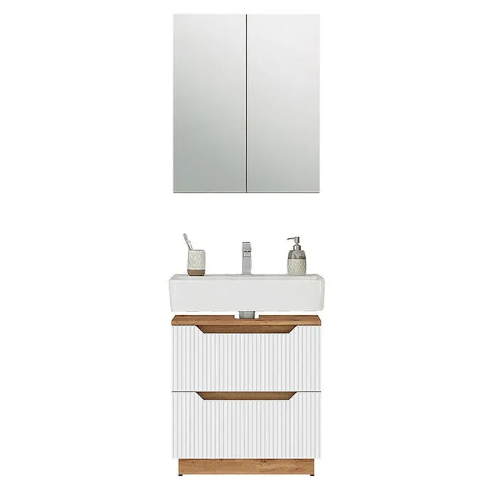 Vicco Badmöbel-Set Lotta Weiß 2 Teile - Weiß, Matt - Badezimmerset mit Spiegelschrank, weißem rechteckigem Waschbecken, Holzoptik-Arbeitsplatte und zwei weißen Lamellen-Schubladen.