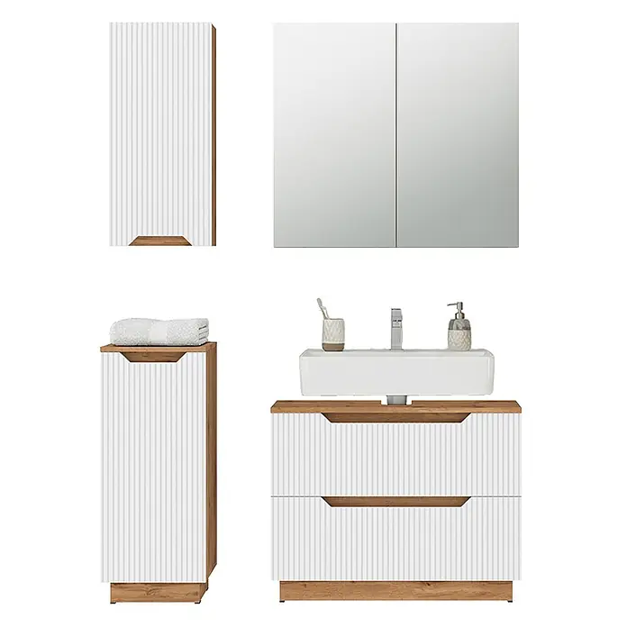 Vicco Badmöbel-Set Lotta Weiß 4 Teile - Weiß, Matt - Weißes geripptes Badezimmermöbel-Set mit heller Holzoptik, bestehend aus Hochschrank, Spiegelschrank und Waschtisch mit Waschbecken.