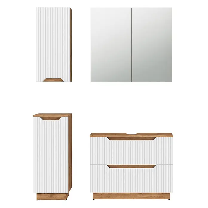 Vicco Badmöbel-Set Lotta Weiß 4 Teile - Weiß, Matt - Weiß geripptes Badezimmermöbel-Set mit hellen Holzdetails, bestehend aus Spiegelschrank, Hochschrank und Waschtischunterschrank.