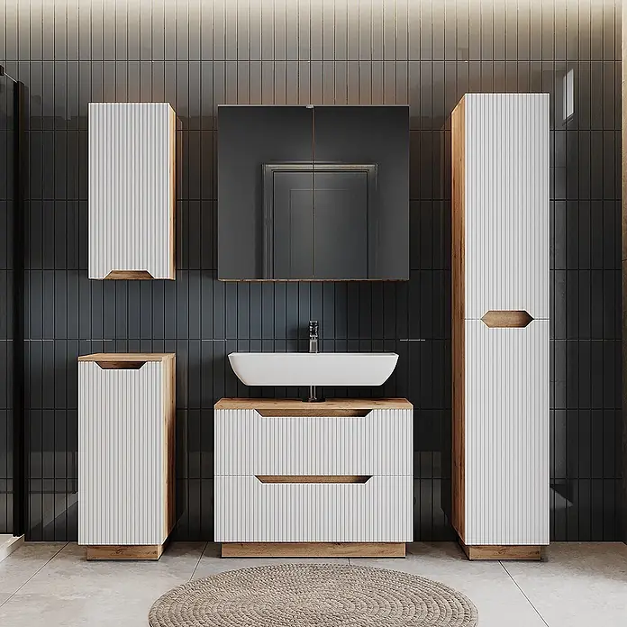 Vicco Badmöbel-Set Lotta Weiß 4 Teile - Weiß, Matt - Modernes Badezimmermöbelset in Weiß gerippt mit Holzdetails, inkl. Waschtisch, Spiegelschrank und Hochschränken.