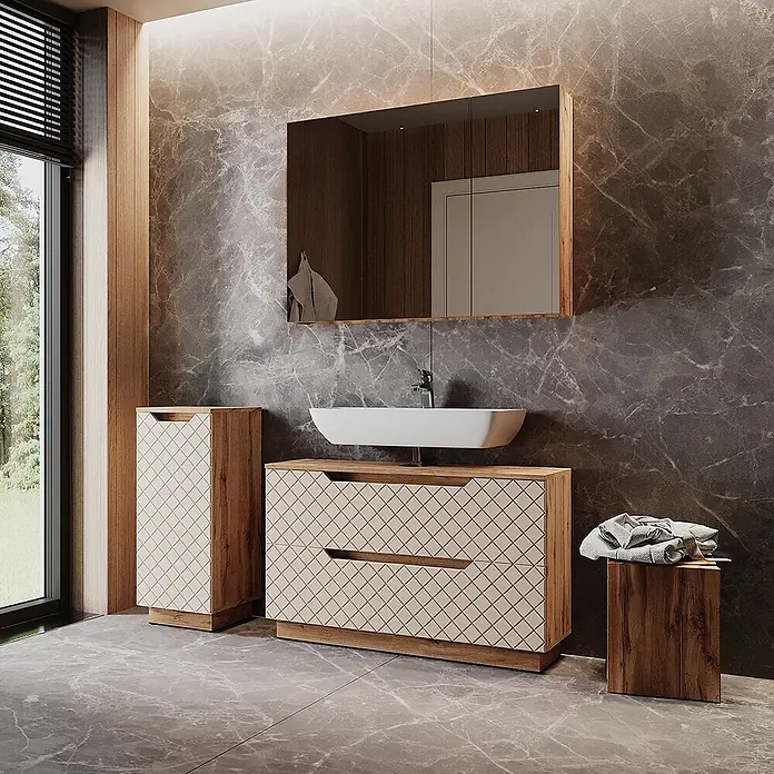 Vicco Badmöbel-Set Lotta Cashmere 3 Teile - Cashmere, Matt - Moderne Badmöbel-Kombination: Waschtischunterschrank und Hochschrank mit geometrischen Mustern, heller Holzoptik und weißem Keramikwaschbecken.