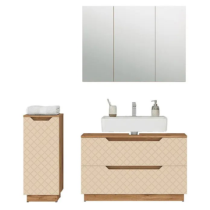 Vicco Badmöbel-Set Lotta Cashmere 3 Teile - Cashmere, Matt - Badezimmermöbelset: dreitüriger Spiegelschrank, beigefarbener Waschtisch mit Muster und weißem Waschbecken, passender Hochschrank mit Holzdetails.