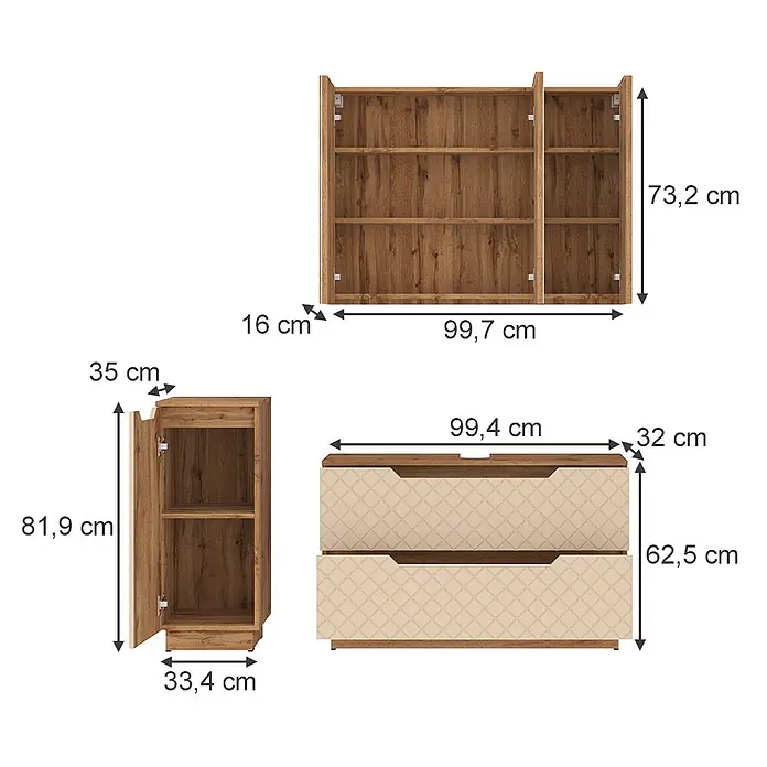 Vicco Badmöbel-Set Lotta Cashmere 3 Teile - Cashmere, Matt - Set aus braunen Holzmöbeln: Wandregal, hoher Schrank und Kommode mit zwei Schubladen und gemusterten beigen Fronten.