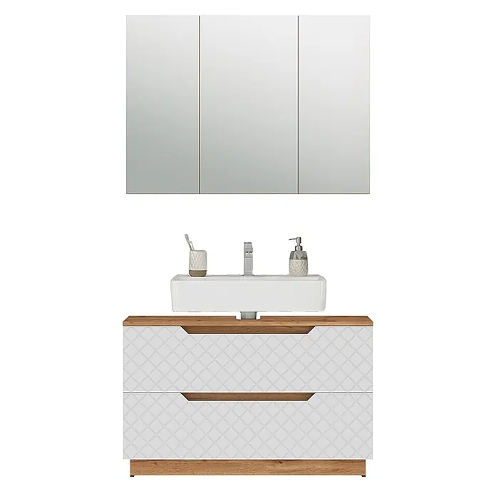 Vicco Badmöbel-Set Lotta Weiß 2 Teile - Weiß, Matt - Badezimmermöbel mit Holzplatte/Sockel, weißen Schubladen mit Muster, rechteckigem Waschbecken und dreitürigem Spiegelschrank.