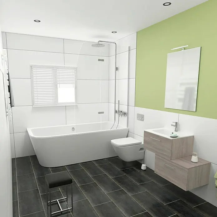 Camargue Espacio Badmöbel-Set G47 - 80 cm, Faro - Badezimmer mit Badewanne, Toilette und Waschbecken in modernem Design. Die dunklen Fliesen kontrastieren mit den weißen Wänden.