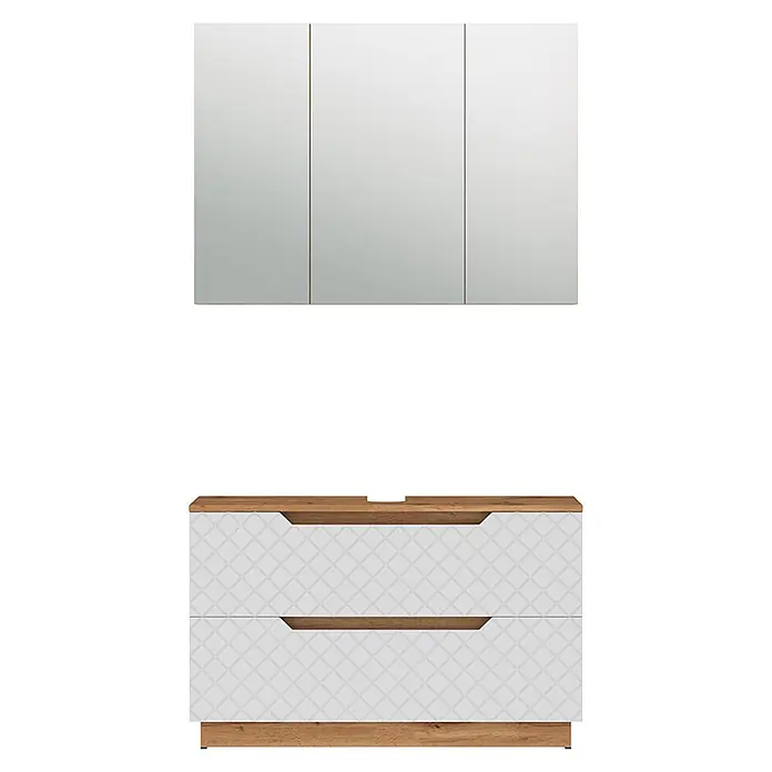 Vicco Badmöbel-Set Lotta Weiß 2 Teile - Weiß, Matt - Badezimmermöbel-Set: dreifacher Spiegelschrank und Waschtischunterschrank in Holzoptik mit zwei weißen, gemusterten Schubladen.