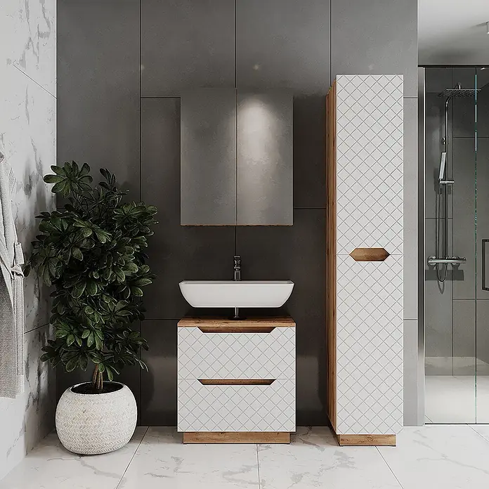 Vicco Badmöbel-Set Lotta Weiß 3 Teile - Weiß, Matt - Modernes weißes Badmöbelset mit Rautenmuster und Holzdetails, bestehend aus Waschtisch, Spiegelschrank und Hochschrank.